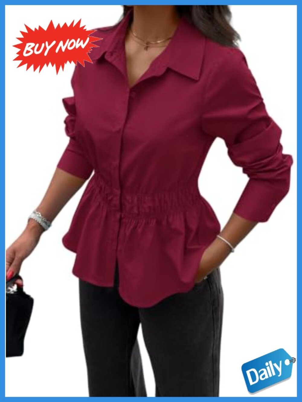 Women's Cotton Peplum Button Down Blouse Smocked Waist Ruffle Hem Work Top